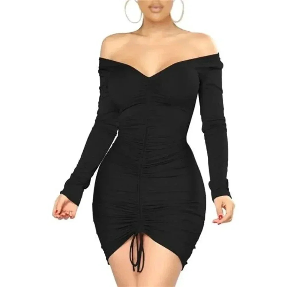 Women's Sexy Elegant Long Sleeve Off The Shoulder Ruched Mini Dress